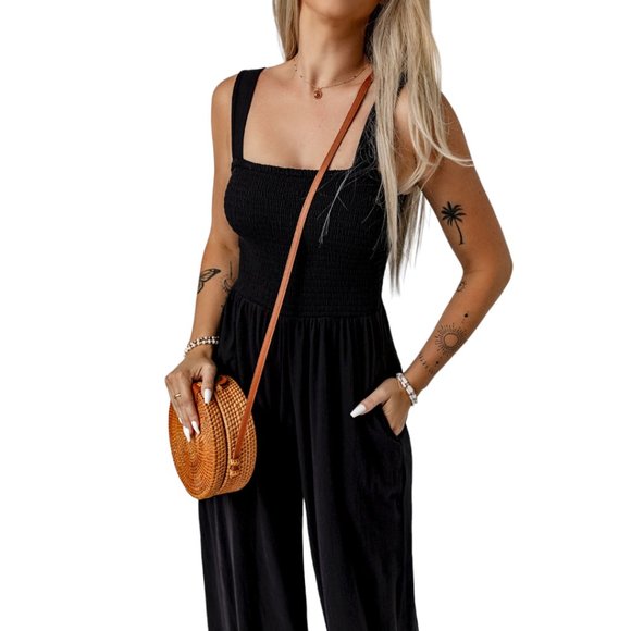 Black Smocked Sleeveless Wide Leg Jumpsuit with Pockets - Picture 4 of 16